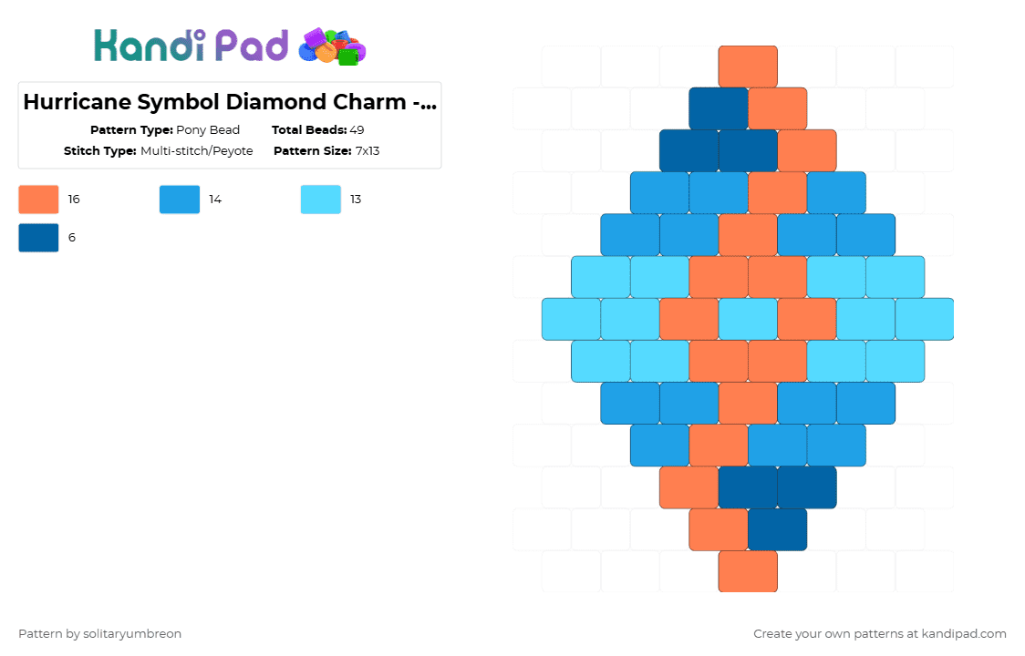 Hurricane Symbol Diamond Charm - Orange (13×7) - Pony Bead Pattern by solitaryumbreon on Kandi Pad - light blue,orange,mini,brick,hurricane,weather,symbol,small,diamond,shape