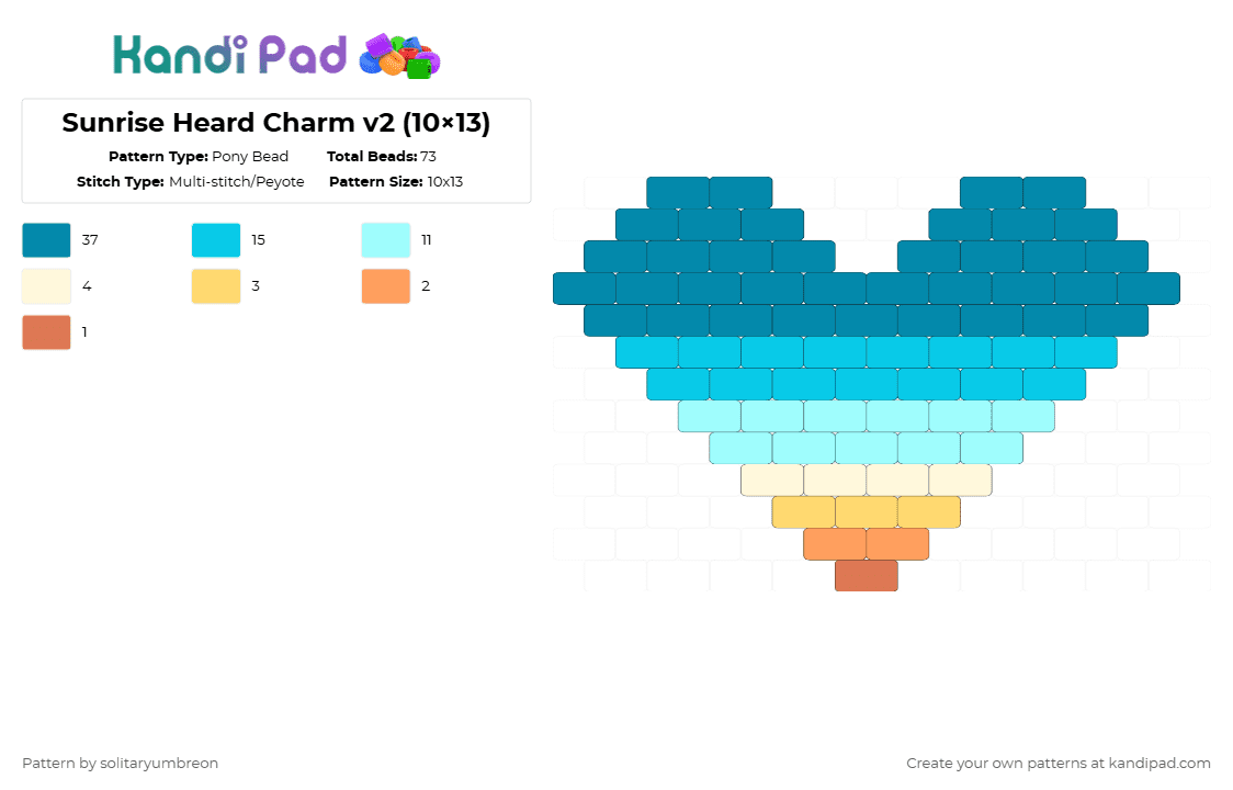 Sunrise Heard Charm v2 (10×13) - Pony Bead Pattern by solitaryumbreon on Kandi Pad - light blue,heart,charm,sunrise,sky,small,pendant,sunset,brick