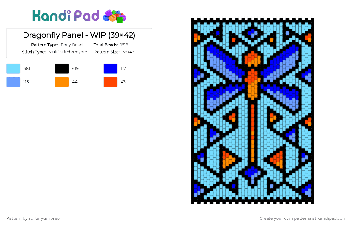 Dragonfly Panel - WIP (39×42) - Pony Bead Pattern by solitaryumbreon on Kandi Pad - light blue,cotdartdeco,geometric,dragonfly,insects,panel,bugs,shapes,triangles