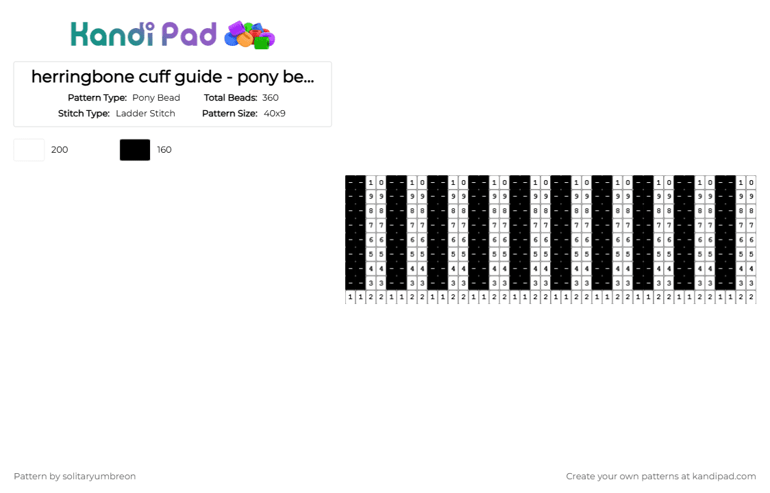herringbone cuff pattern guide - pony beads (20×10) - Pony Bead Pattern by solitaryumbreon on Kandi Pad - black,white,herringbone,cuff,template,guide,rows,numbered,blank,cuff template