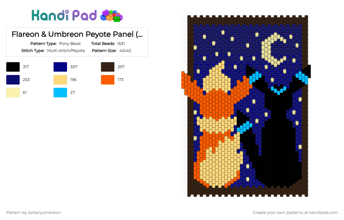 Flareon & Umbreon Peyote Panel (42×42) - Pony Bead Pattern by solitaryumbreon on Kandi Pad - brown,purple,yellow,umbreon,flareon,eevee,pokemon,anime,panel,night,moon