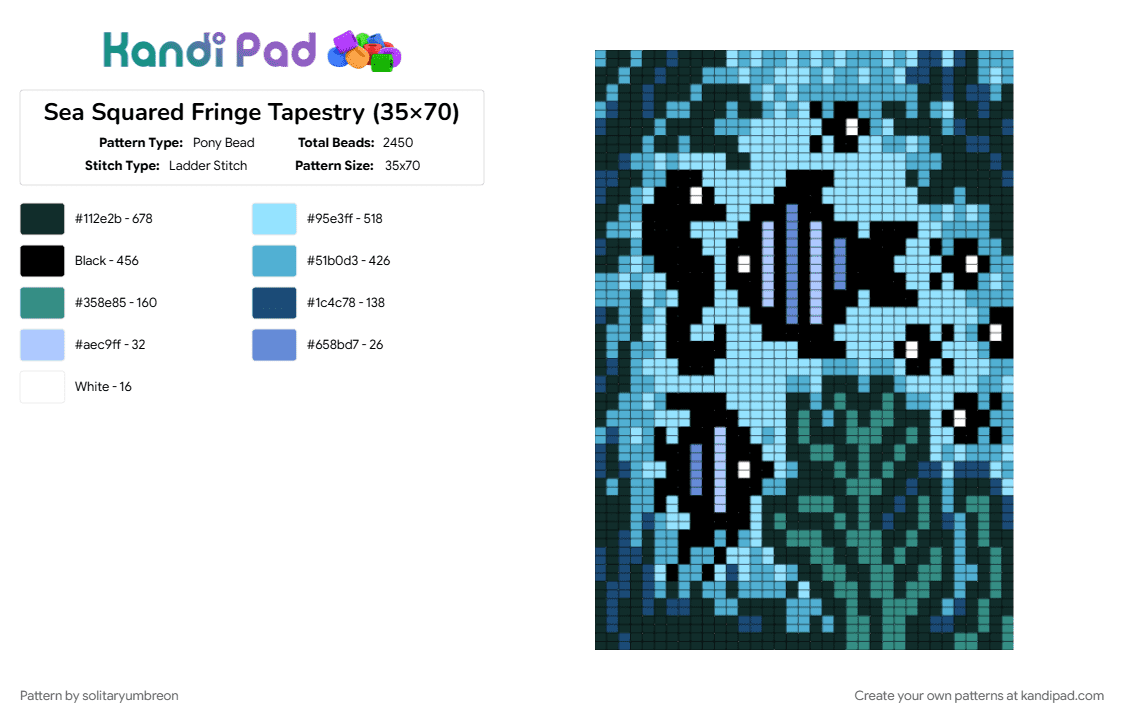 Sea Squared Fringe Tapestry (35×70) - Pony Bead Pattern by solitaryumbreon on Kandi Pad - blue, fish, green, ocean, sea, sea creature, sea life, tapestry