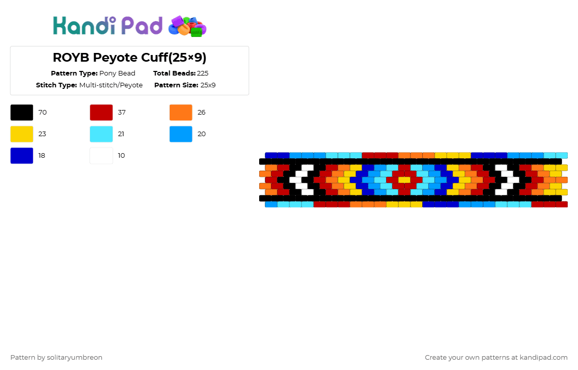 ROYB Peyote Cuff(25×9) - Pony Bead Pattern by solitaryumbreon on Kandi Pad - light blue,red,peyote,cuff,colorful,geometric,chevron,arrows,shapes,symmetry