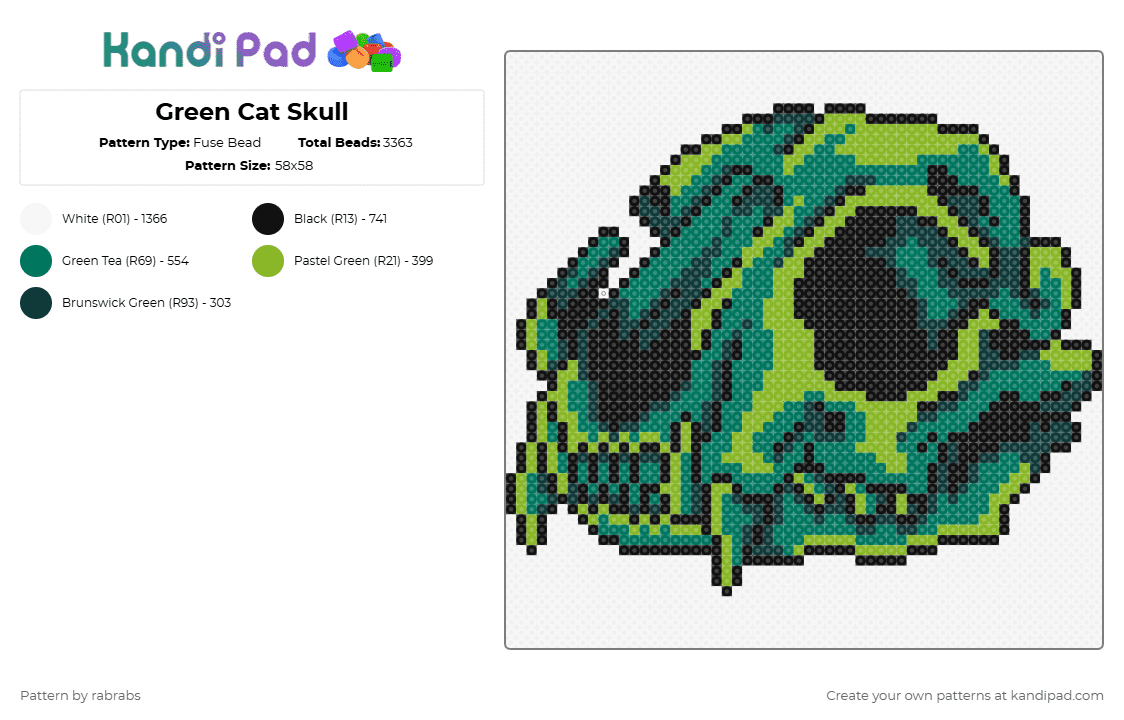 Green Cat Skull - Fuse Bead Pattern by rabrabs on Kandi Pad - white,teal,green