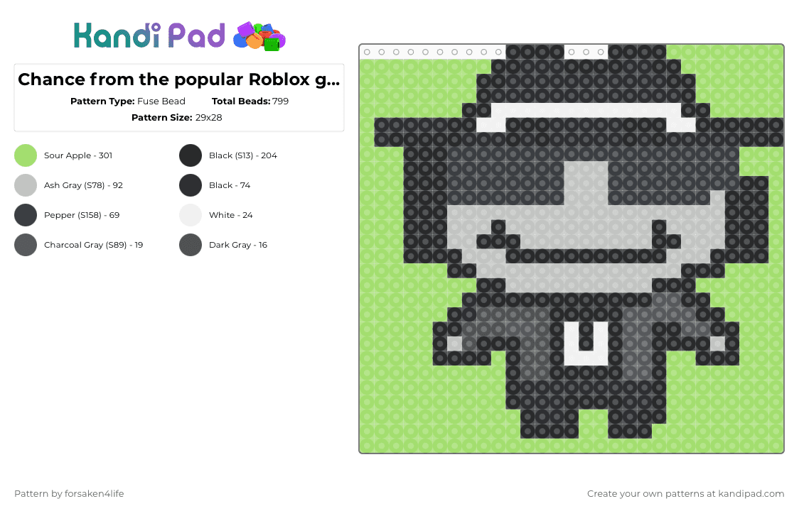 Chance from the popular Roblox game, Forsaken - Fuse Bead Pattern by forsaken4life on Kandi Pad - green