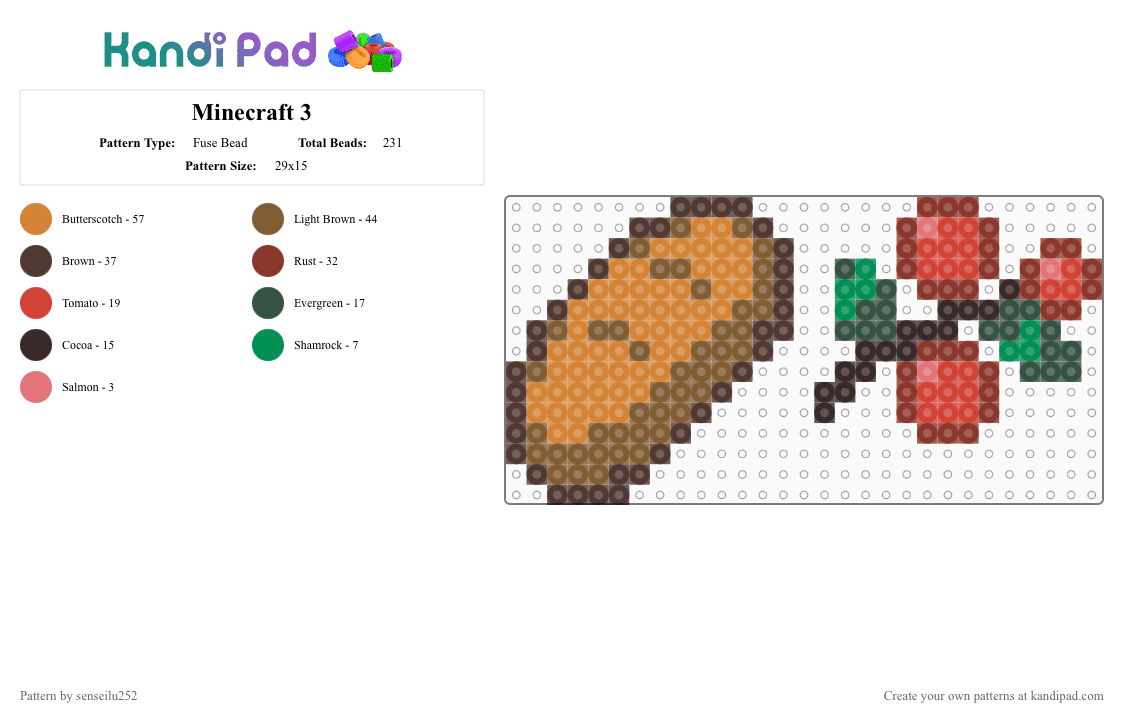 Minecraft 3 - Fuse Bead Pattern by senseilu252 on Kandi Pad - brown,tan,orange,red,minecraft