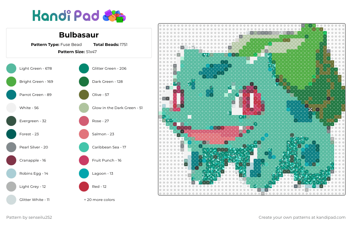 Bulbasaur - Fuse Bead Pattern by senseilu252 on Kandi Pad - green,teal,pokemon,plant,bulb,dinosaur