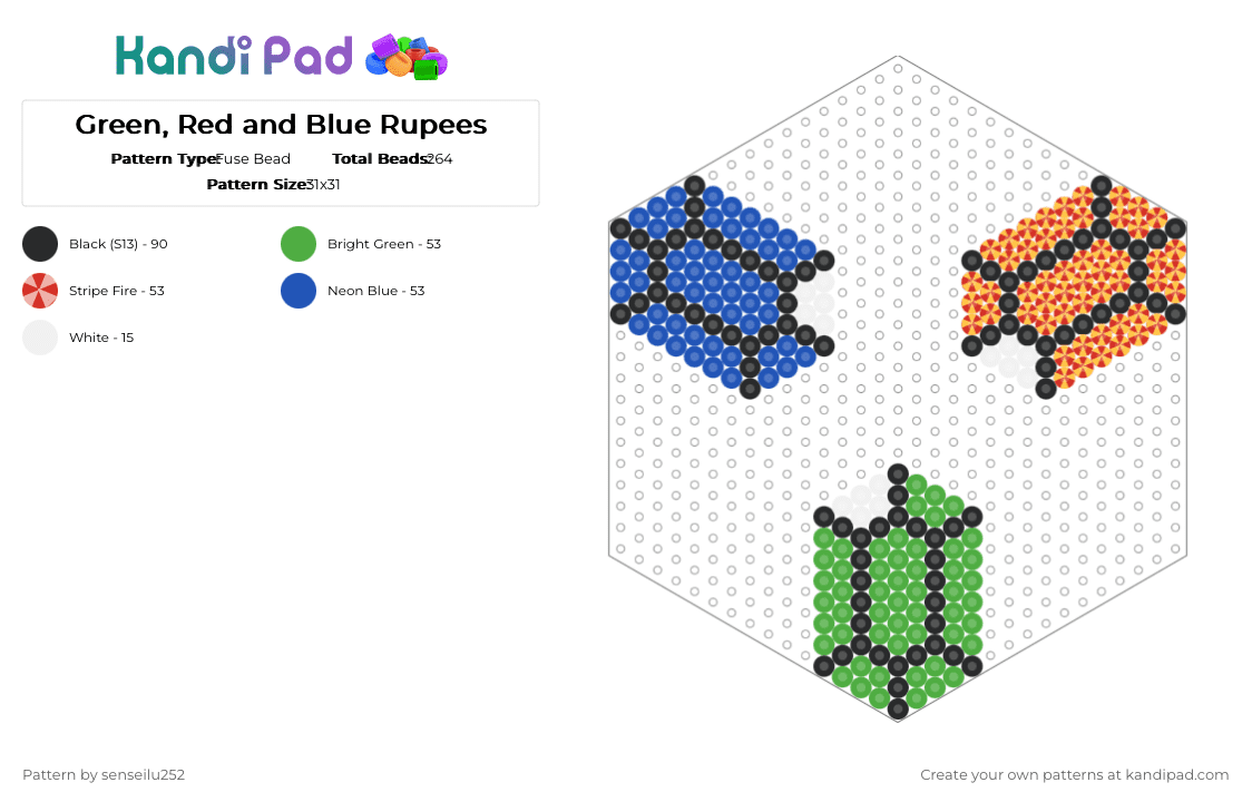 Green, Red and Blue Rupees - Fuse Bead Pattern by senseilu252 on Kandi Pad - green,red,blue,zelda,money,gems