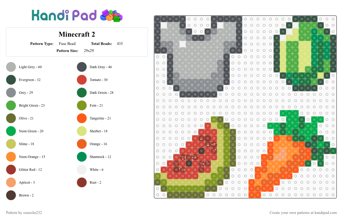 Minecraft 2 - Fuse Bead Pattern by senseilu252 on Kandi Pad - gray,beige,green,orange,minecraft