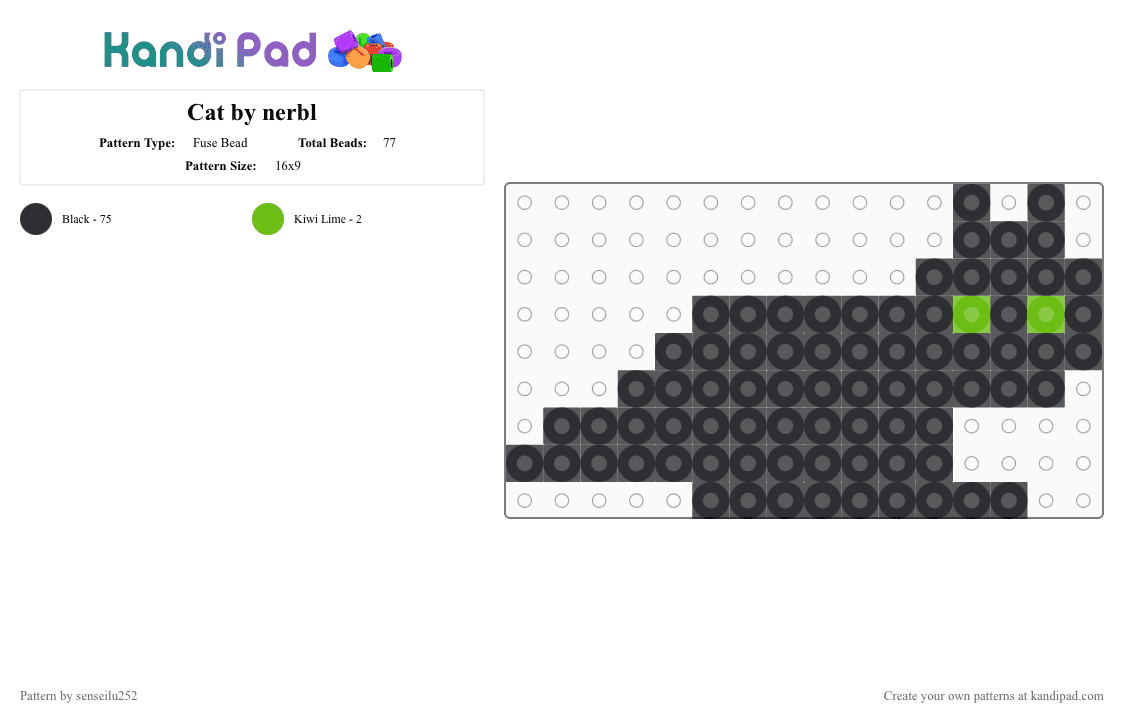 Cat by nerbl - Fuse Bead Pattern by senseilu252 on Kandi Pad - black,cat,green,cute,nerbl
