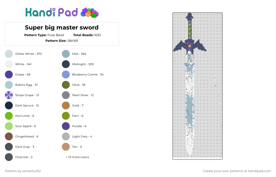 Super big master sword - Fuse Bead Pattern by senseilu252 on Kandi Pad - white,purple,light blue,zelda,sword,master sword,power