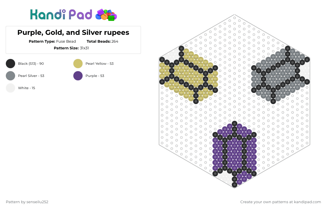 Purple, Gold, and Silver rupees - Fuse Bead Pattern by senseilu252 on Kandi Pad - yellow,gray,purple,gold,silver,money,gems,zelda,rupees