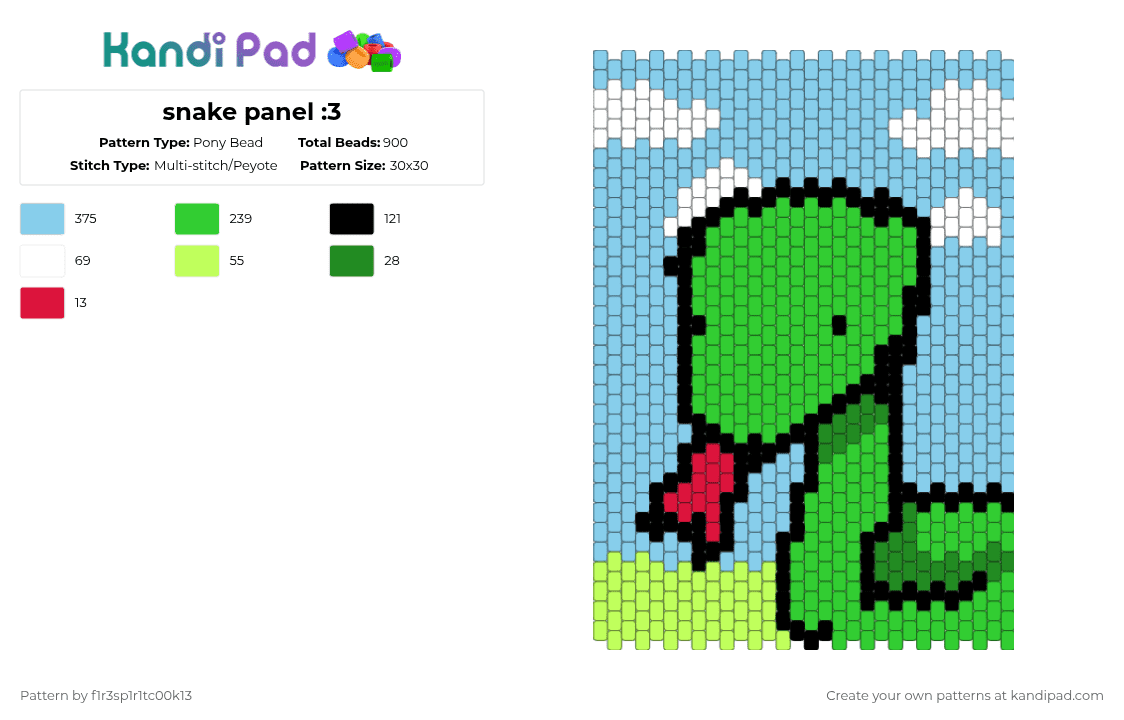 snake panel :3 - Pony Bead Pattern by f1r3sp1r1tc00k13 on Kandi Pad - green,light blue,snake
