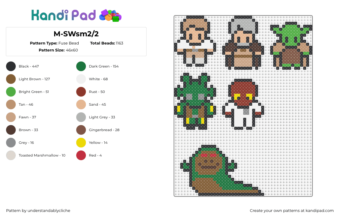 M-SWsm2/2 - Fuse Bead Pattern by understandablycliche on Kandi Pad - star wars,luke skywalker,jabba the hut,yoda,obi wan kenobi,characters,keychains,simple,charms,movie,scifi,green,tan