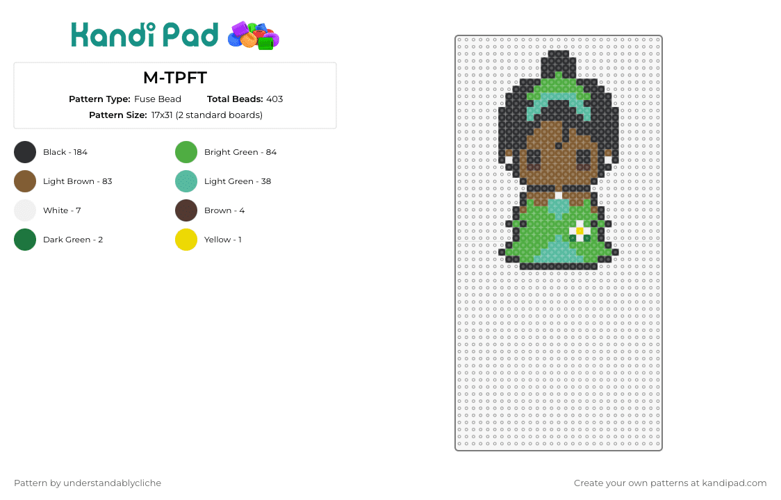 M-TPFT - Fuse Bead Pattern by understandablycliche on Kandi Pad - tiana,princess and the frog,disney,character,movie,animation,green,brown