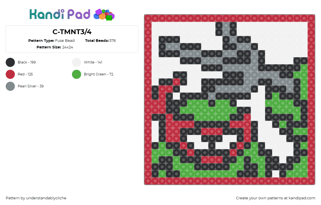 C-TMNT3/4 - Fuse Bead Pattern by understandablycliche on Kandi Pad - raphael,tmnt,teenage mutant ninja turtles,character,cartoon,karate,green,red