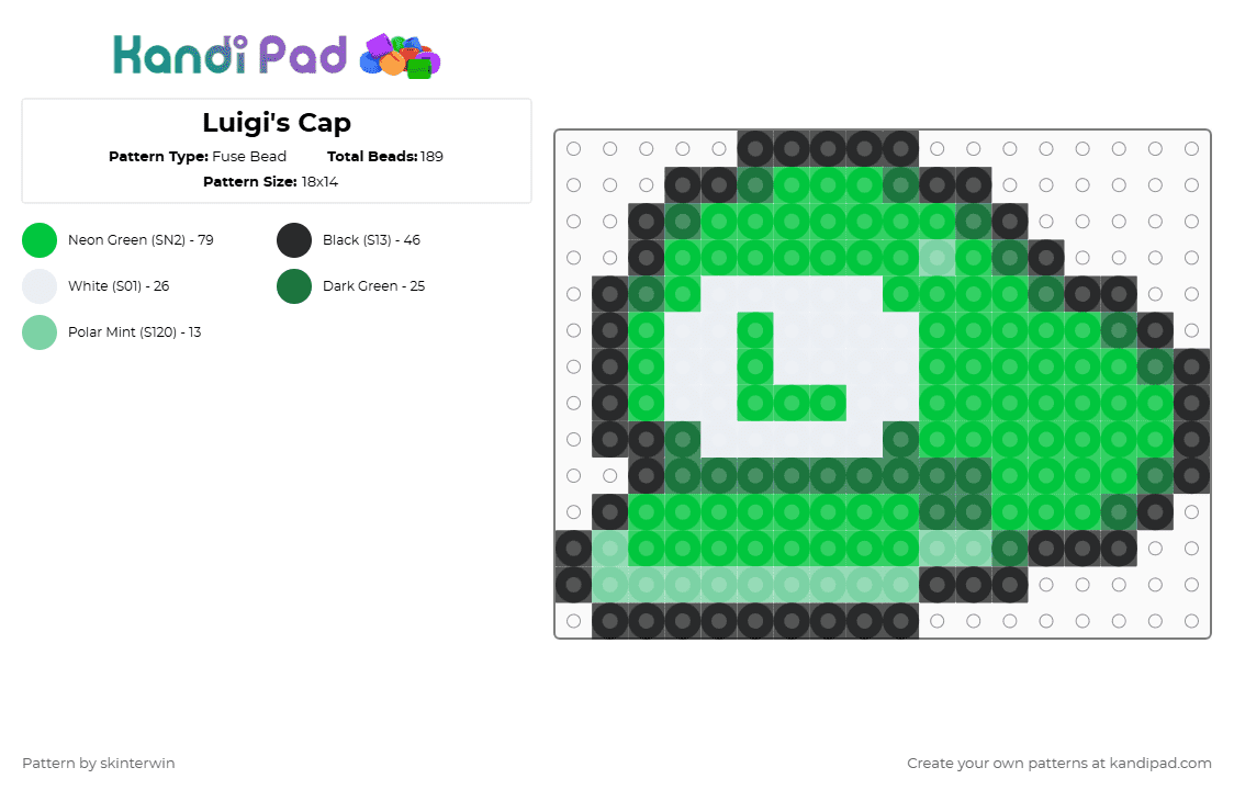 Luigi\'s Cap - Fuse Bead Pattern by skinterwin on Kandi Pad - luigi,hat,nintendo,gaming,video game,green
