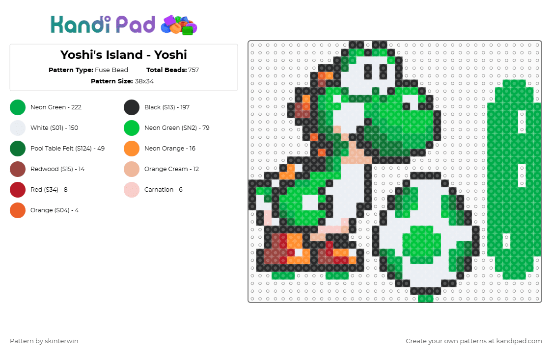 Yoshi\'s Island - Yoshi - Fuse Bead Pattern by skinterwin on Kandi Pad - green