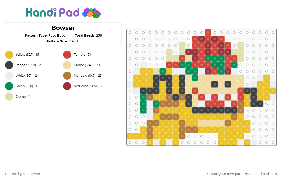 Bowser - Fuse Bead Pattern by skinterwin on Kandi Pad - yellow,red