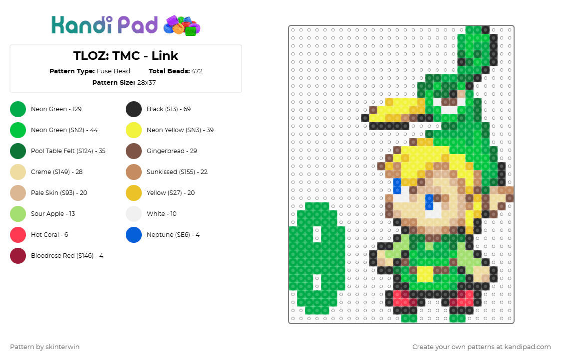 TLOZ: TMC - Link - Fuse Bead Pattern by skinterwin on Kandi Pad - green