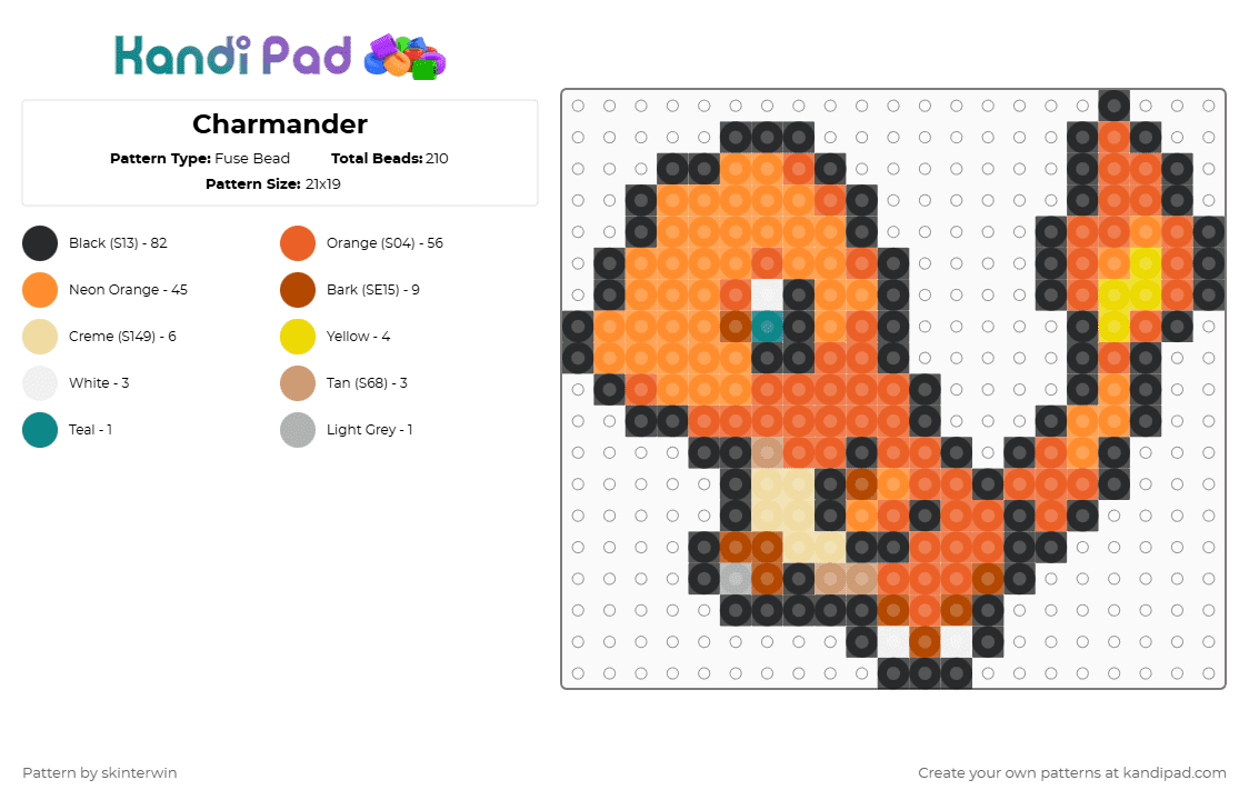 Charmander - Fuse Bead Pattern by skinterwin on Kandi Pad - orange