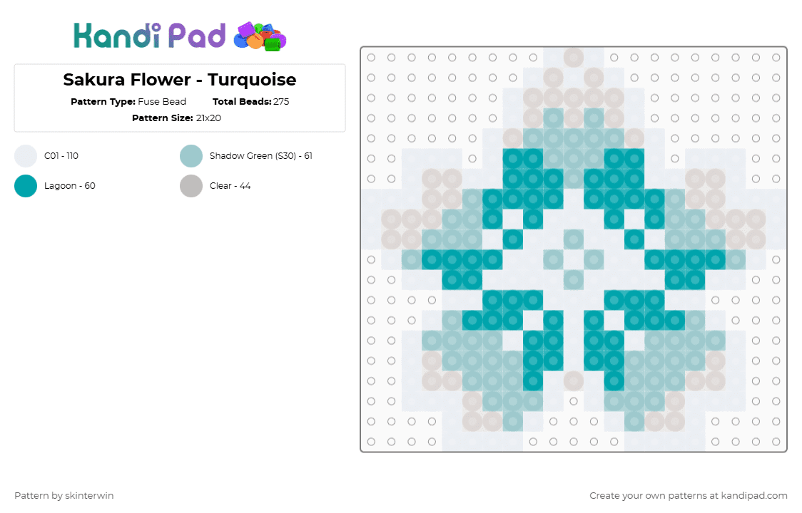 Sakura Flower - Turquoise - Fuse Bead Pattern by skinterwin on Kandi Pad - light blue,teal