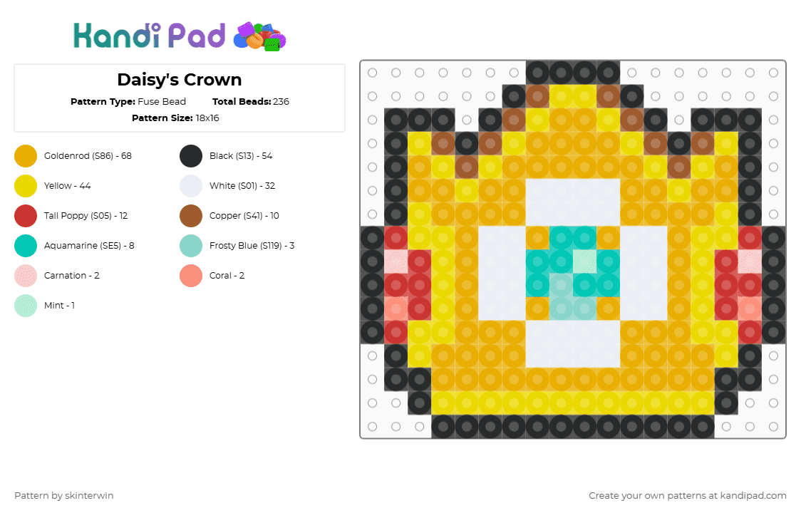 Daisy\'s Crown - Fuse Bead Pattern by skinterwin on Kandi Pad - daisy,crown,nintendo,princess,gaming,video game,yellow,orange
