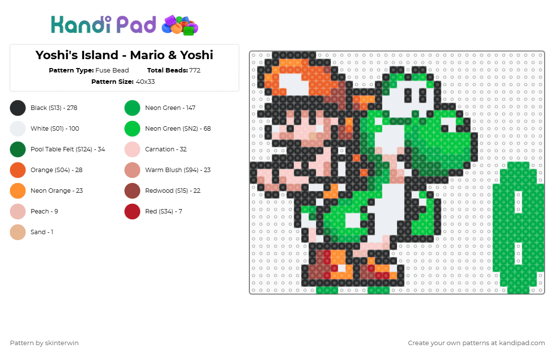 Yoshi\'s Island - Mario & Yoshi - Fuse Bead Pattern by skinterwin on Kandi Pad - yoshi,mario,nintendo,video game,super mario,gaming,green