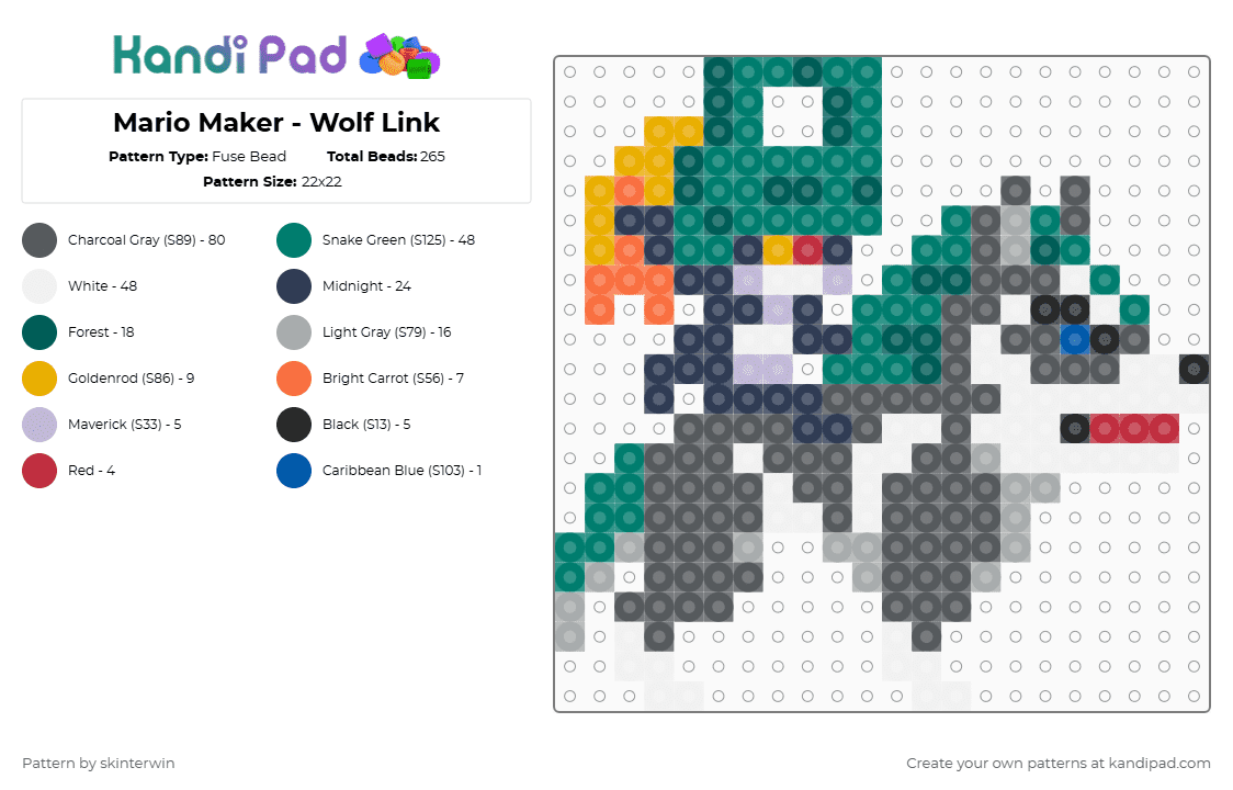 Mario Maker - Wolf Link - Fuse Bead Pattern by skinterwin on Kandi Pad - teal,gray