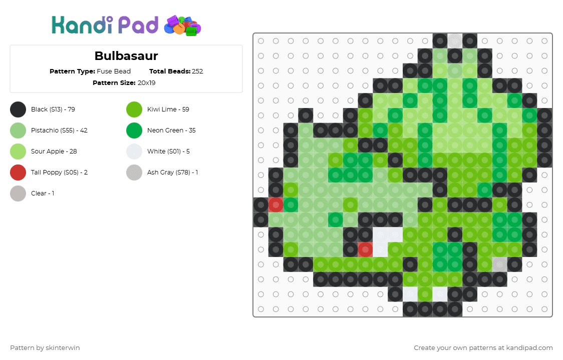 Bulbasaur - Fuse Bead Pattern by skinterwin on Kandi Pad - teal,green