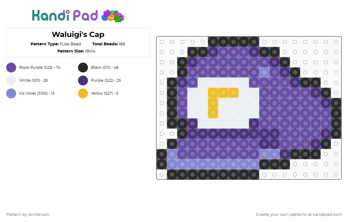 Waluigi\'s Cap - Fuse Bead Pattern by skinterwin on Kandi Pad - purple