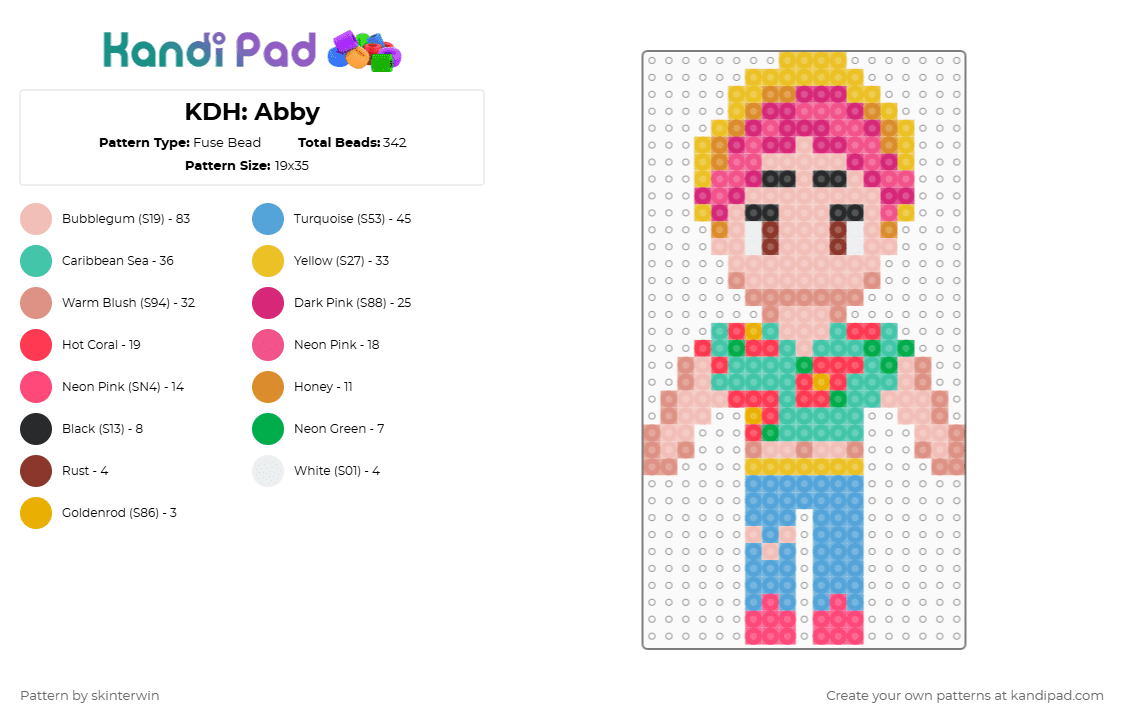 KDH: Abby - Fuse Bead Pattern by skinterwin on Kandi Pad - red,light blue,beige,pink