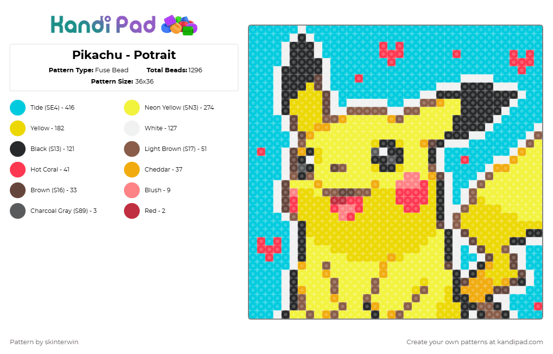 Pikachu - Potrait - Fuse Bead Pattern by skinterwin on Kandi Pad - light blue,yellow