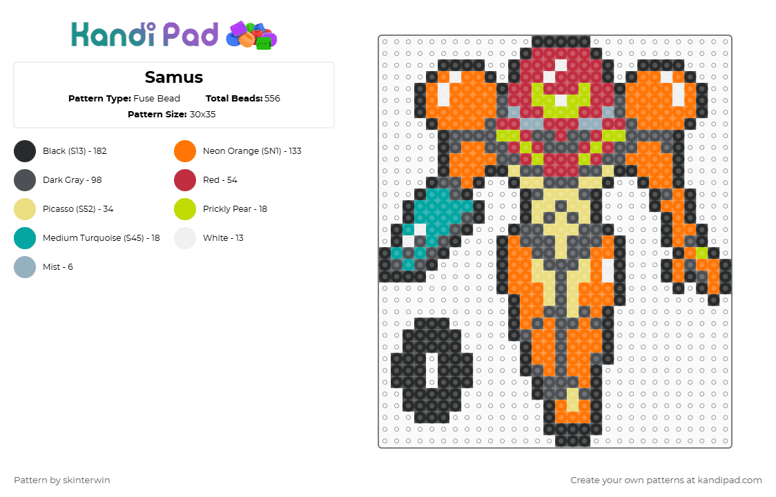 Samus - Fuse Bead Pattern by skinterwin on Kandi Pad - red,gray,orange