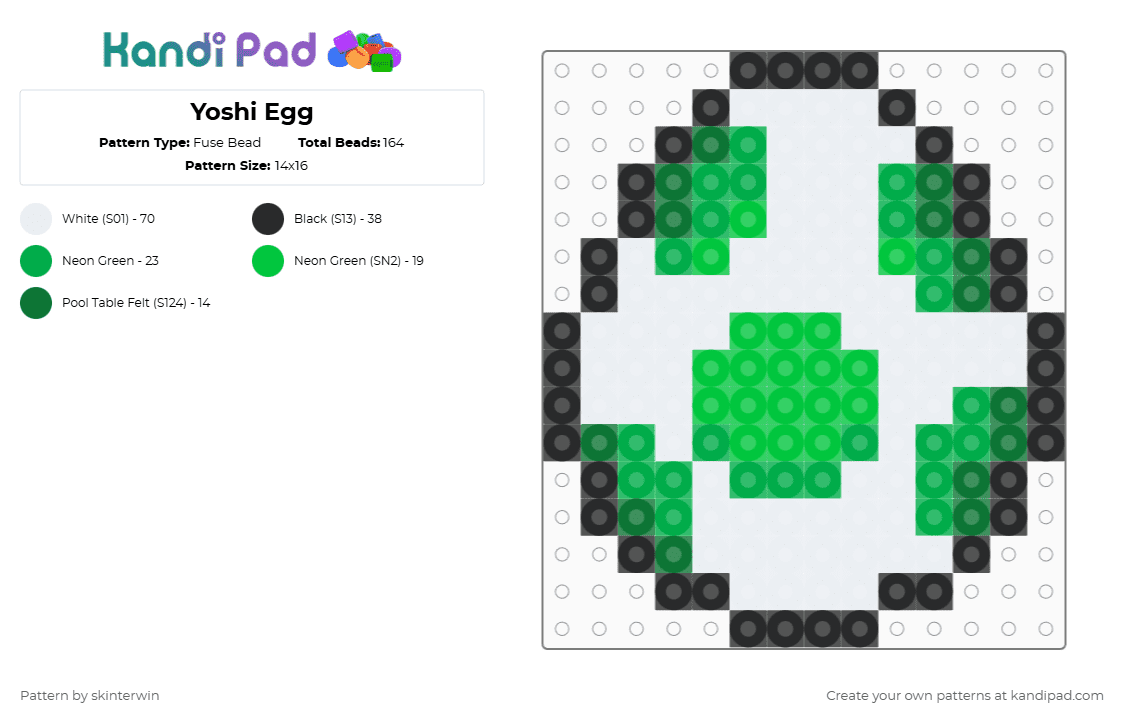 Yoshi Egg - Fuse Bead Pattern by skinterwin on Kandi Pad - green,white