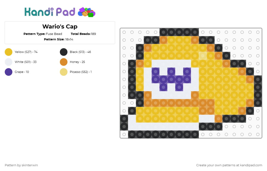 Wario\'s Cap - Fuse Bead Pattern by skinterwin on Kandi Pad - wario,hat,nintendo,gaming,video game,yellow