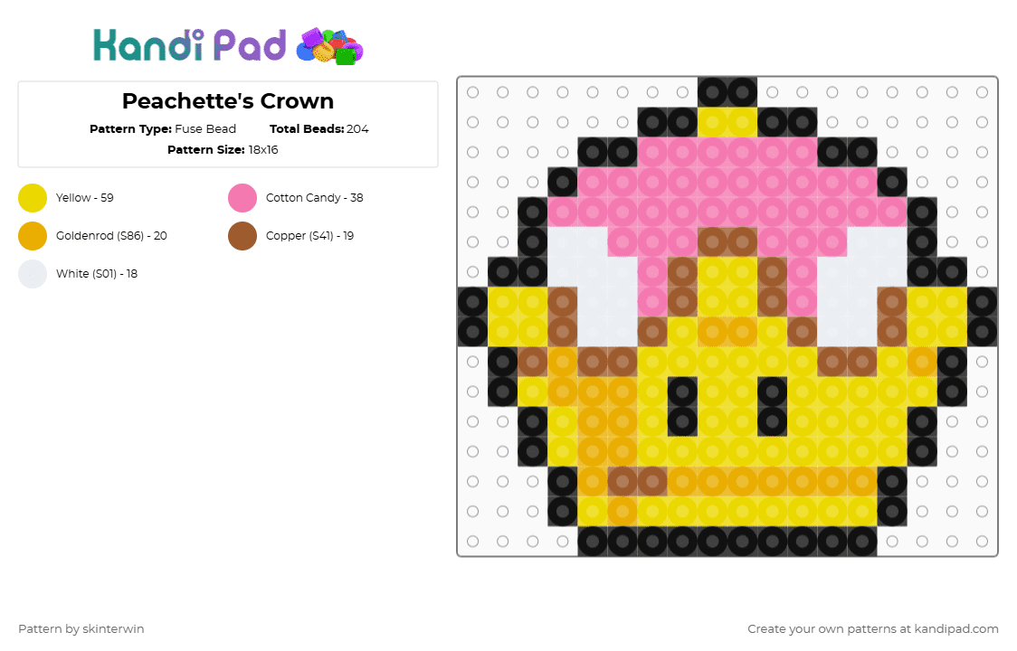 Peachette\'s Crown - Fuse Bead Pattern by skinterwin on Kandi Pad - peachette,crown,nintendo,gaming,video game,yellow,pink
