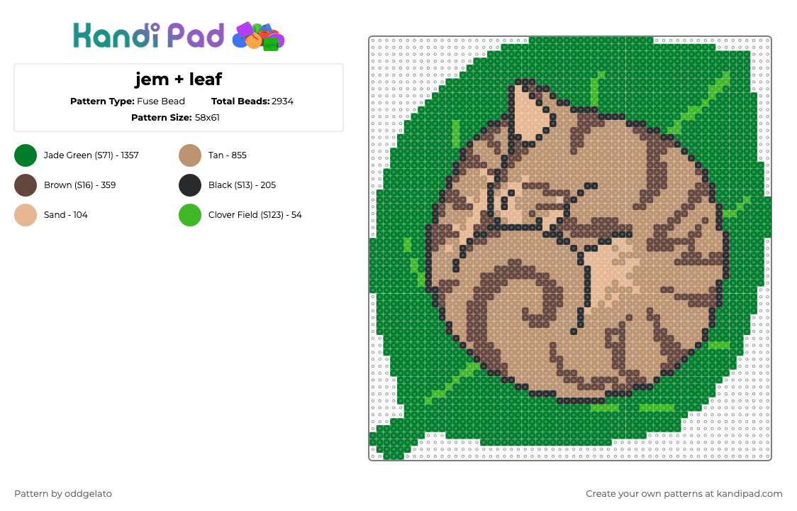 jem + leaf - Fuse Bead Pattern by oddgelato on Kandi Pad - cat,leaf,curled,sleepy,kitty,animal,beige,green