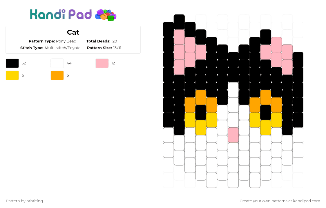 Cat Keychain - Pony Bead Pattern by orbriting on Kandi Pad - cat,charm,head,animal,pet,white,pink