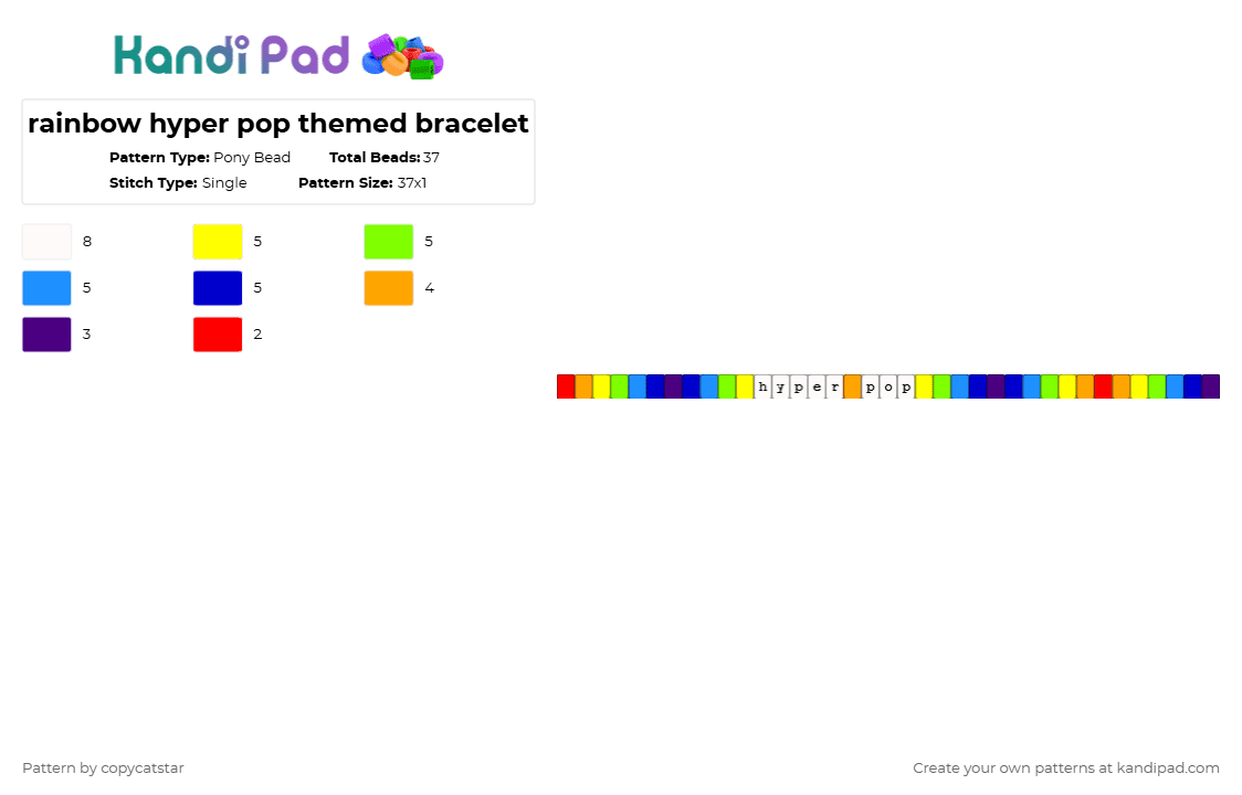 rainbow hyper pop themed bracelet - Pony Bead Pattern by copycatstar on Kandi Pad - yellow,green,light blue,purple,bracelet,hyperpop,rainbow,rainbowbracelet