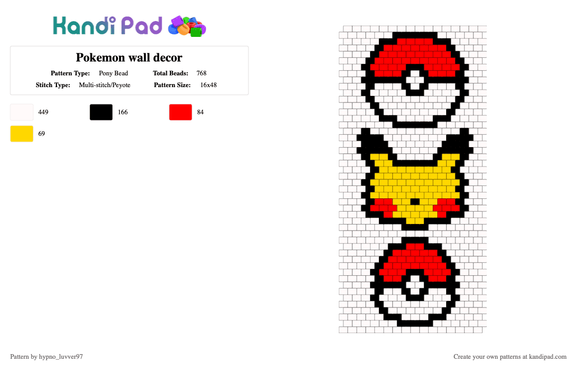 Pokemon wall decor - Pony Bead Pattern by hypno_luvver97 on Kandi Pad - white,yellow,red,pokemon,decor,pikachu