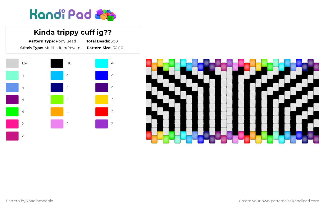 Kinda trippy cuff ig?? - Pony Bead Pattern by xnadiaxsnapix on Kandi Pad - stripes,trippy,cuff,white,light blue,purple,green,colorful