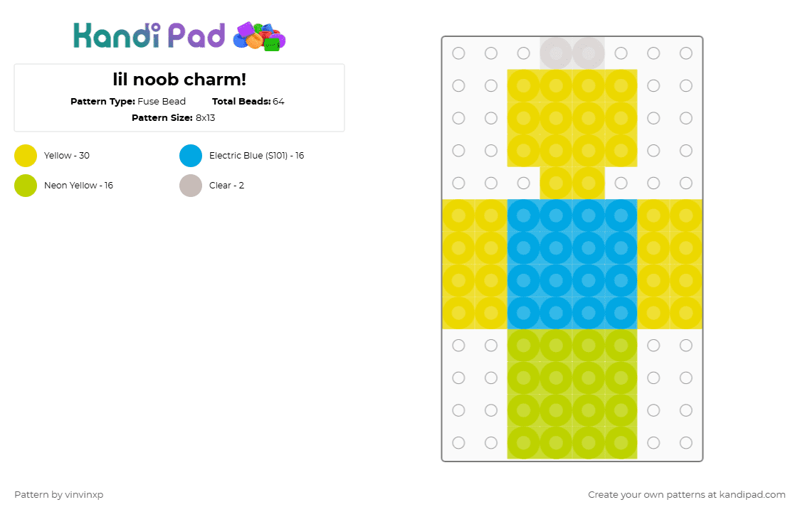lil noob charm! - Fuse Bead Pattern by vinvinxp on Kandi Pad - yellow,light blue,green,roblox,forsaken,noob,noobcharm,forsakencharm,robloxcharm,charms,forsakennoob