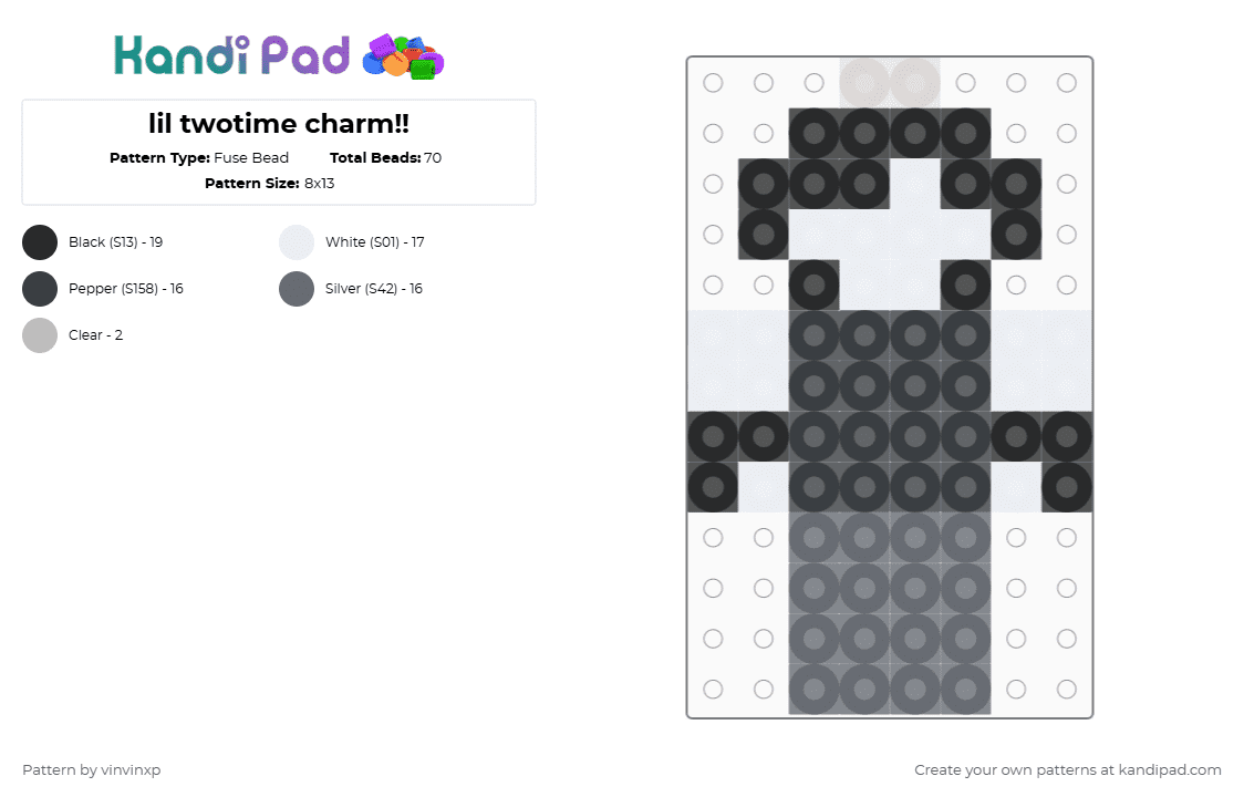 lil twotime charm!! - Fuse Bead Pattern by vinvinxp on Kandi Pad - gray,robloxforsaken,roblox,roblox charm,forsaken charm,forsaken,charms,forsakentwotime,twotime