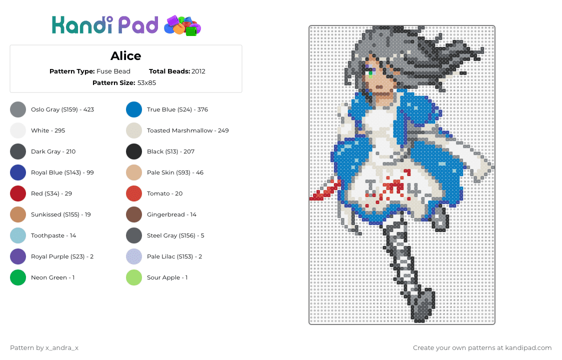 Alice - Fuse Bead Pattern by x_andra_x on Kandi Pad - alice in wonderland,madness,character,bloody,alice,girl,cartoon,gray,beige,blue