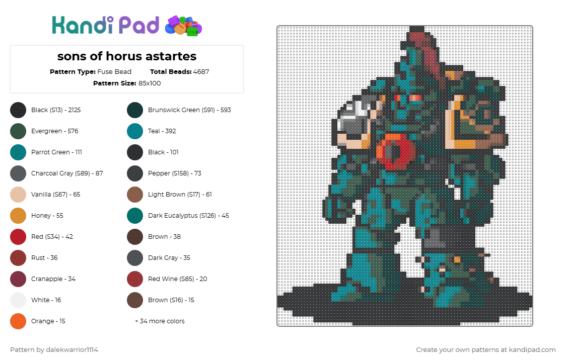 sons of horus astartes - Fuse Bead Pattern by dalekwarrior1114 on Kandi Pad - sons of horus,astartes,horus hersey,miniature,game,gaming,video game,black,teal,gray,warhammer,spacemarine