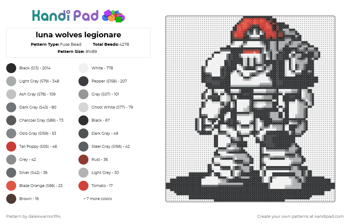 luna wolves legionare - Fuse Bead Pattern by dalekwarrior1114 on Kandi Pad - black,white,gray,warhammer