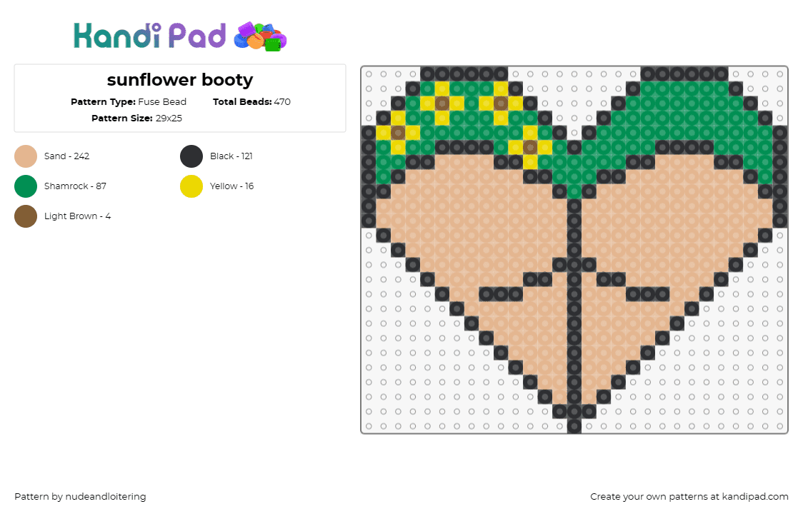 sunflower booty - Fuse Bead Pattern by nudeandloitering on Kandi Pad - booty,butt,nsfw,heart,sunflower,nature,affection,playful,bold,peach,green