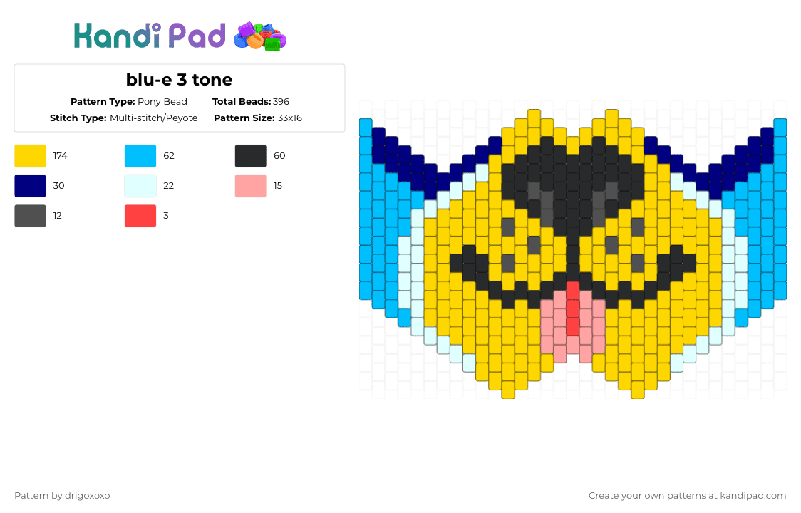 blu-e 3 tone - Pony Bead Pattern by drigoxoxo on Kandi Pad - bluey,mask,dog,character,tongue,children,tv show,cartoon,animal,yellow,light blue