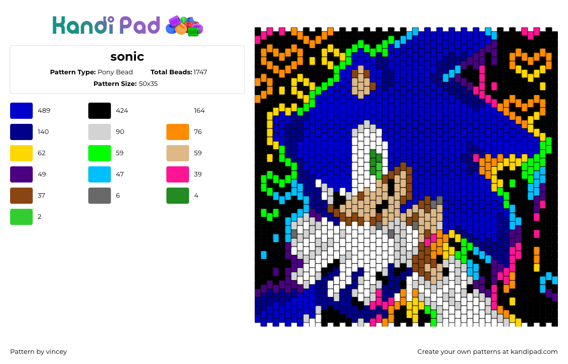 sonic - Pony Bead Pattern by vincey on Kandi Pad - sonic the hedgehog,character,panel,bag,video game,sega,neon,colorful,blue,white